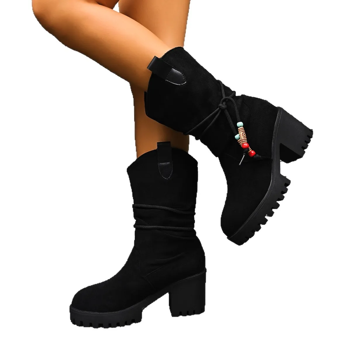 Women Boots Suede Platform Mid-Tubular Shoes Round Toe Sleeve Platform Anti-Slip Wear-Resistant Thick Heel Ladies' Fashion Boots