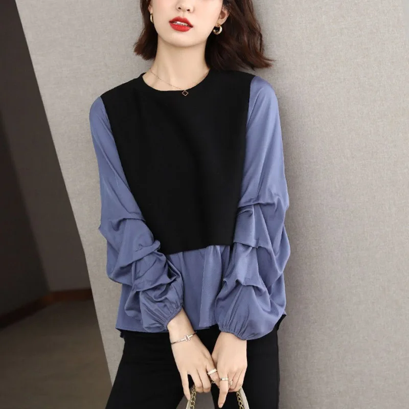 

Spring and Autumn New Loose Long Sleeve Sweater Women's Splice Fake Two Piece Reduced Age Korean Edition Casual Lady Priming Top