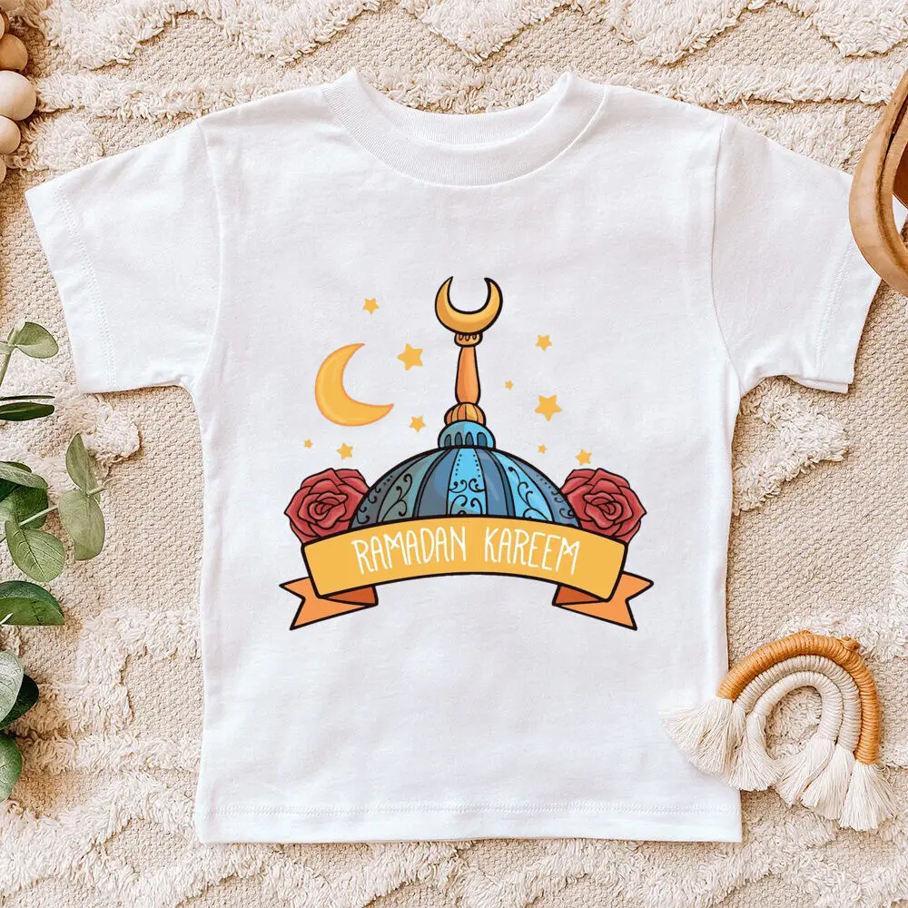 Eid Mubarak Moon Star Printed Kids Shirts Eid Ramadan Child T-shirt Tops Islamic Muslim Holiday Boys Girls Short Sleeve Outfit 6