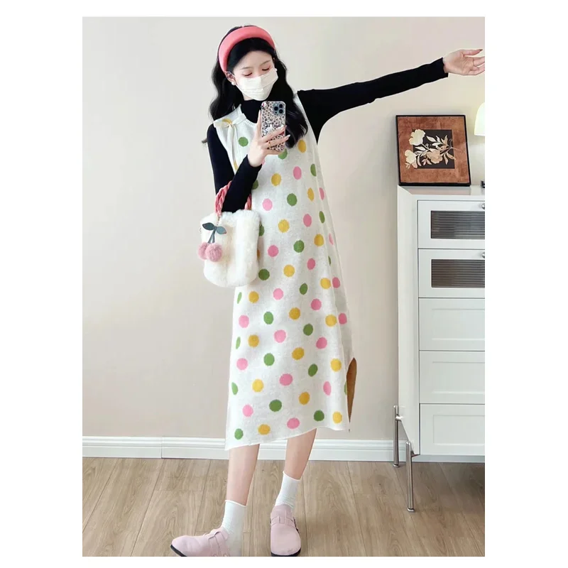 pregnant women clothing set block color polka dot knitting sundress long sleeve slim shirts twinset side split dress suit