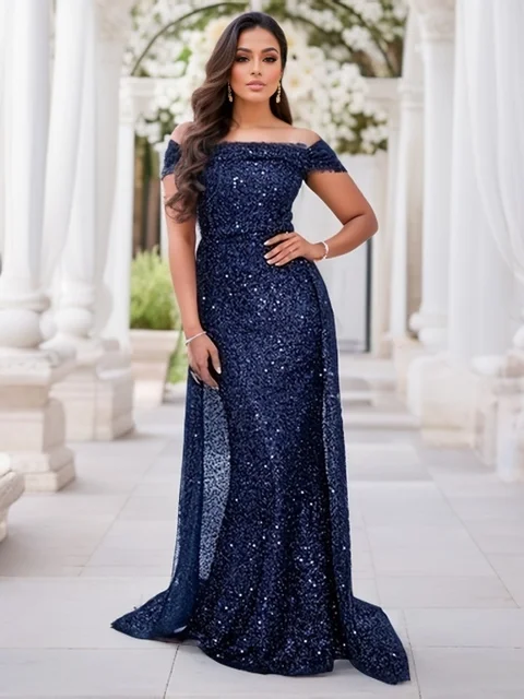 Romagic Navy Blue Slash Neck Off Shoulder Prom Gown Sequin Detachable Train Mermaid Evening Party Dresses Cocktail Dress 2025 3