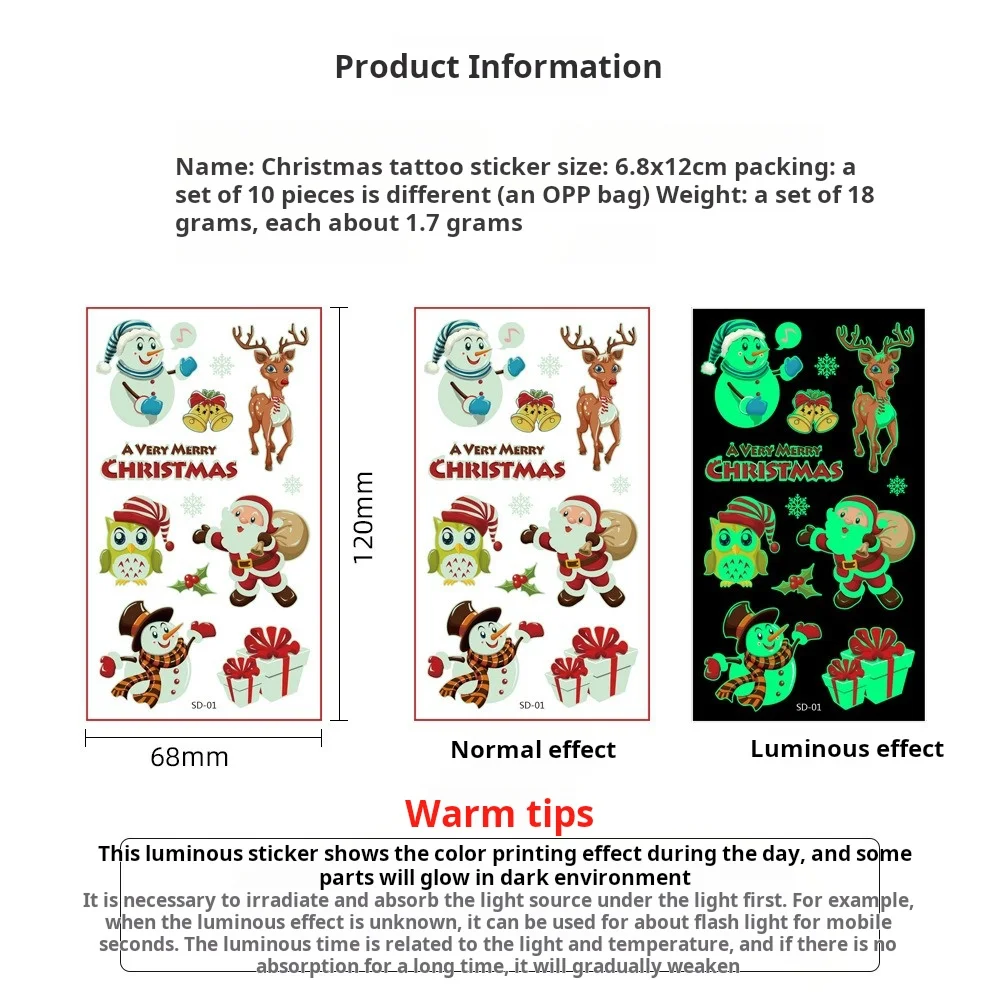 10Pcs Luminous Tattoos Christmas Tattoo Stickers Cartoon Waterproof Party Activities Festival Party Temporary Stickers