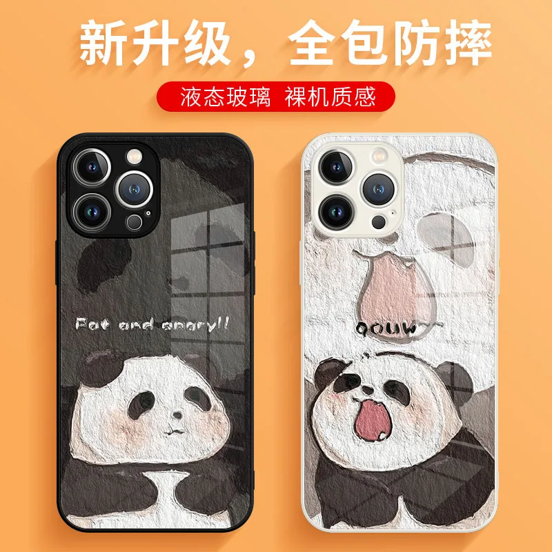 

Panda Apple phone shell cartoon cute flower simple glass creative oil painting style lovers online red tide brand niche