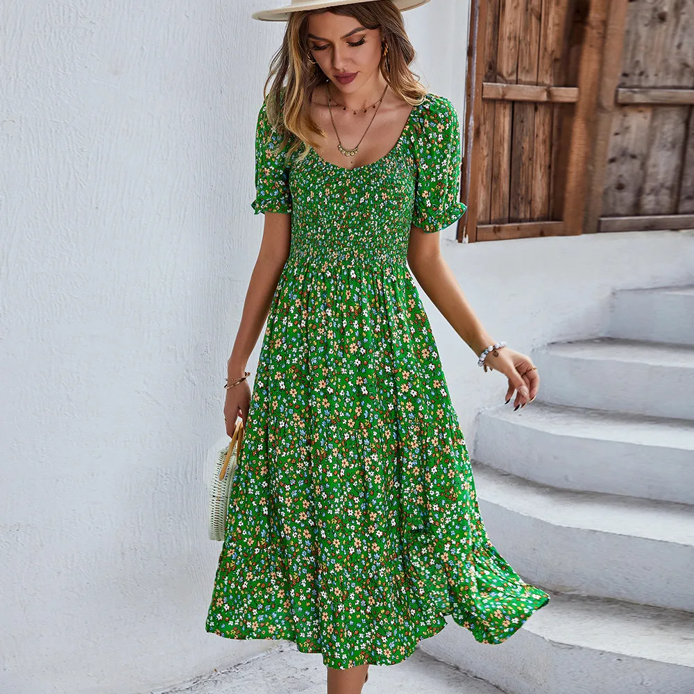 2022 Women New Casual Bohemian Short Sleeve High Waist Flroal Dresses Spring Summer Print Midi