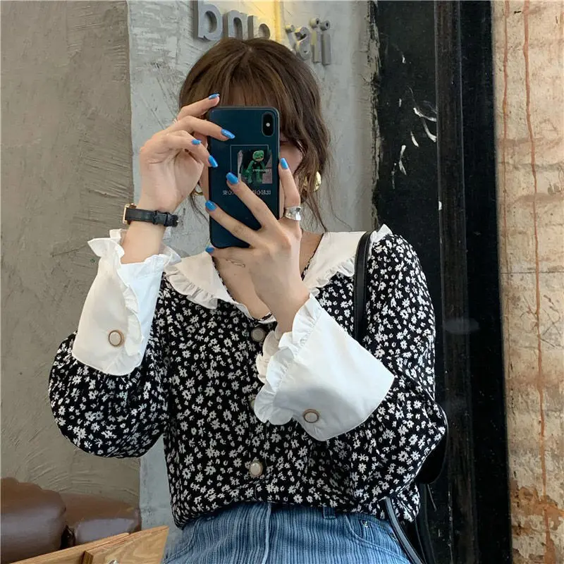 Spring Autumn New Floral Patchwork Shirt Tops Long Sleeve Contrast Printing Loose Sweet Blouse Vintage Fashion Women Clothing