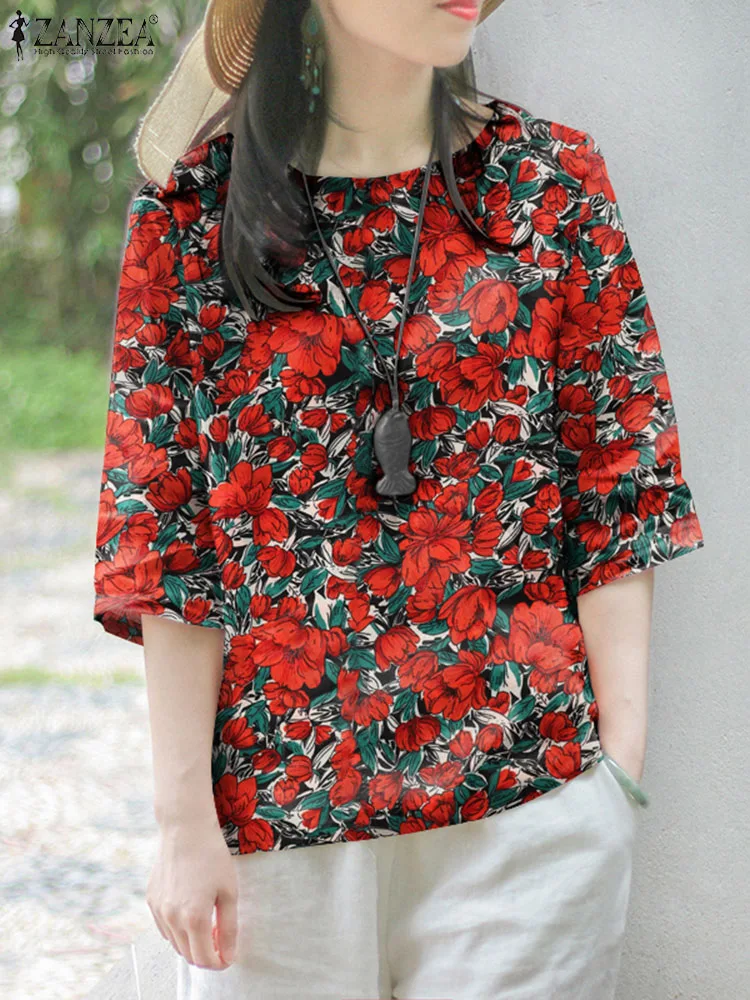 

ZANZEA Fashion Casual Loose Tops Vintage 2023 Spring Blouses Simple Floral Printed Shirts 3/4 Sleeve Holiday Round Neck Blusas