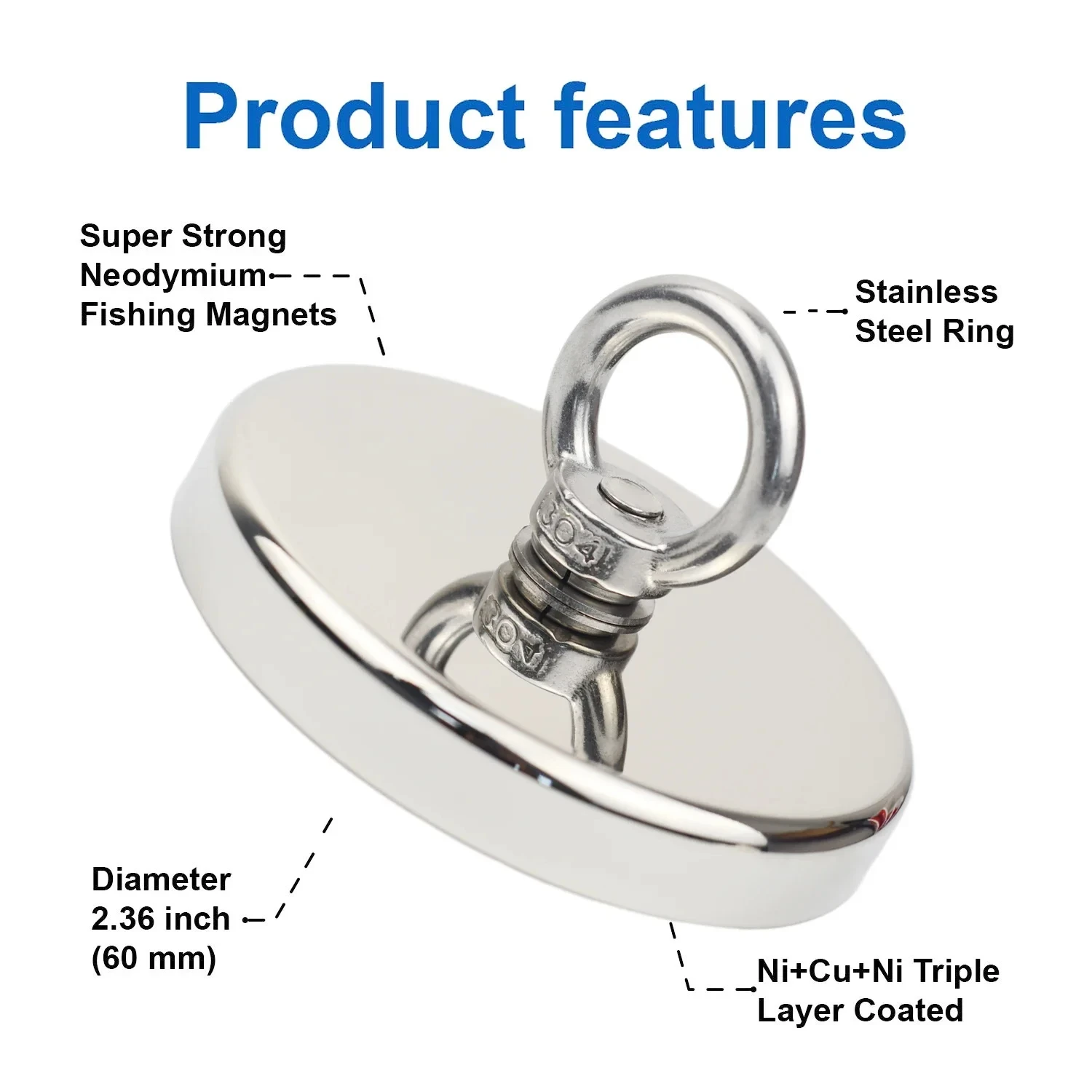 Fishing Magnets Super Strong Neodymium N52 Heavy Duty Rare Earth with Countersunk Hole Eyebolt