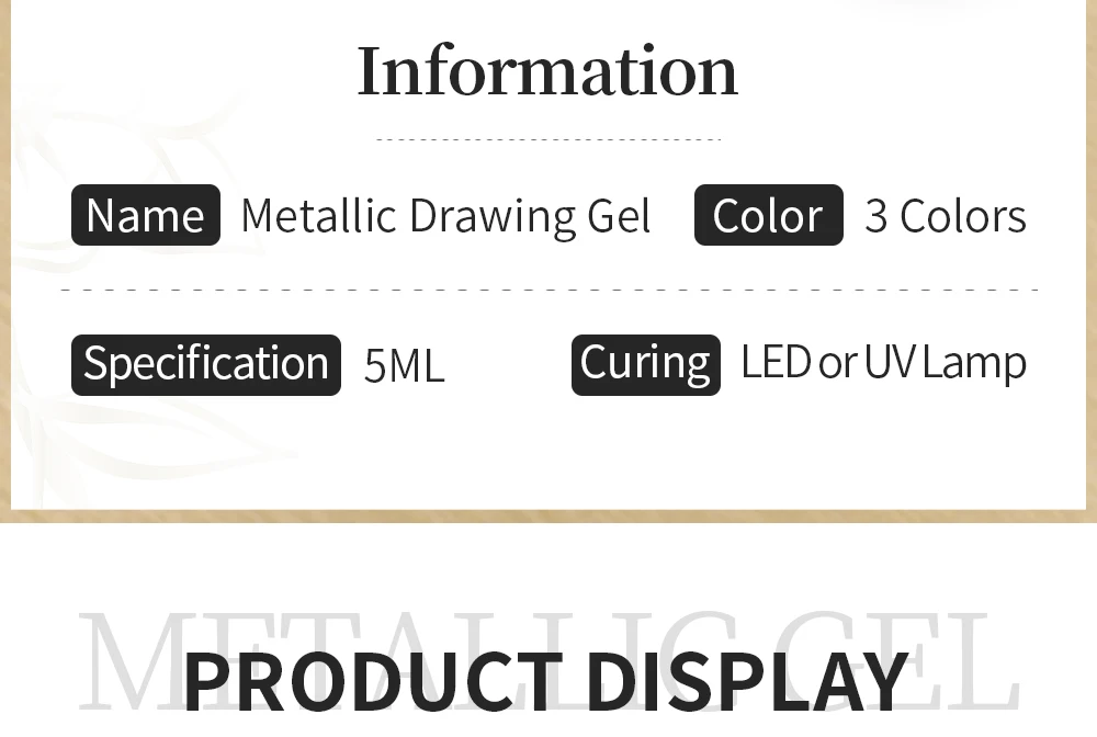 Description Picture 4 of itemPUENTE Metallic Painting Gel Polish For Nail Art Soak Off Gel Nail Polish 5ml Gold Silver Mirror Glitter UV Nail Gel Varnish