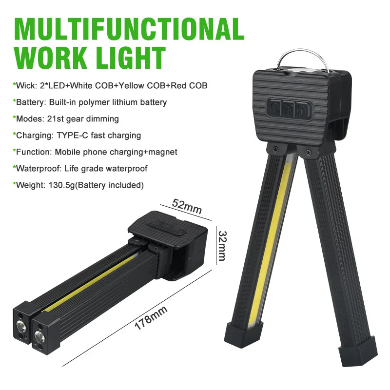 Led Flashlight Camping Lights Camping Lamp Led Work Light Work Light Portable Fold LED Flashlight 21 Modes Multifunctional Strong Magnet COB Work Light USB Charging Emergency Outdoor Camping Light