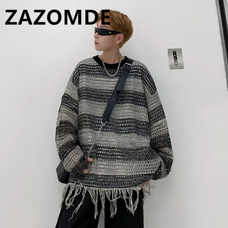 Vintage Knitted Sweater Men Women Harajuku Cotton Pullover Gradient Damaged Sweater Autumn Loose Knitwear Hole Tops Unisex 2023
