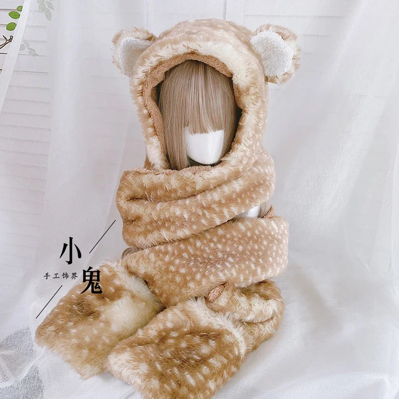 Lolita Kawaii Winter Warm Hooded Scarf Cute Cartoon Deer Ears Fur Hats Plush Ear Protection Hat Scarves