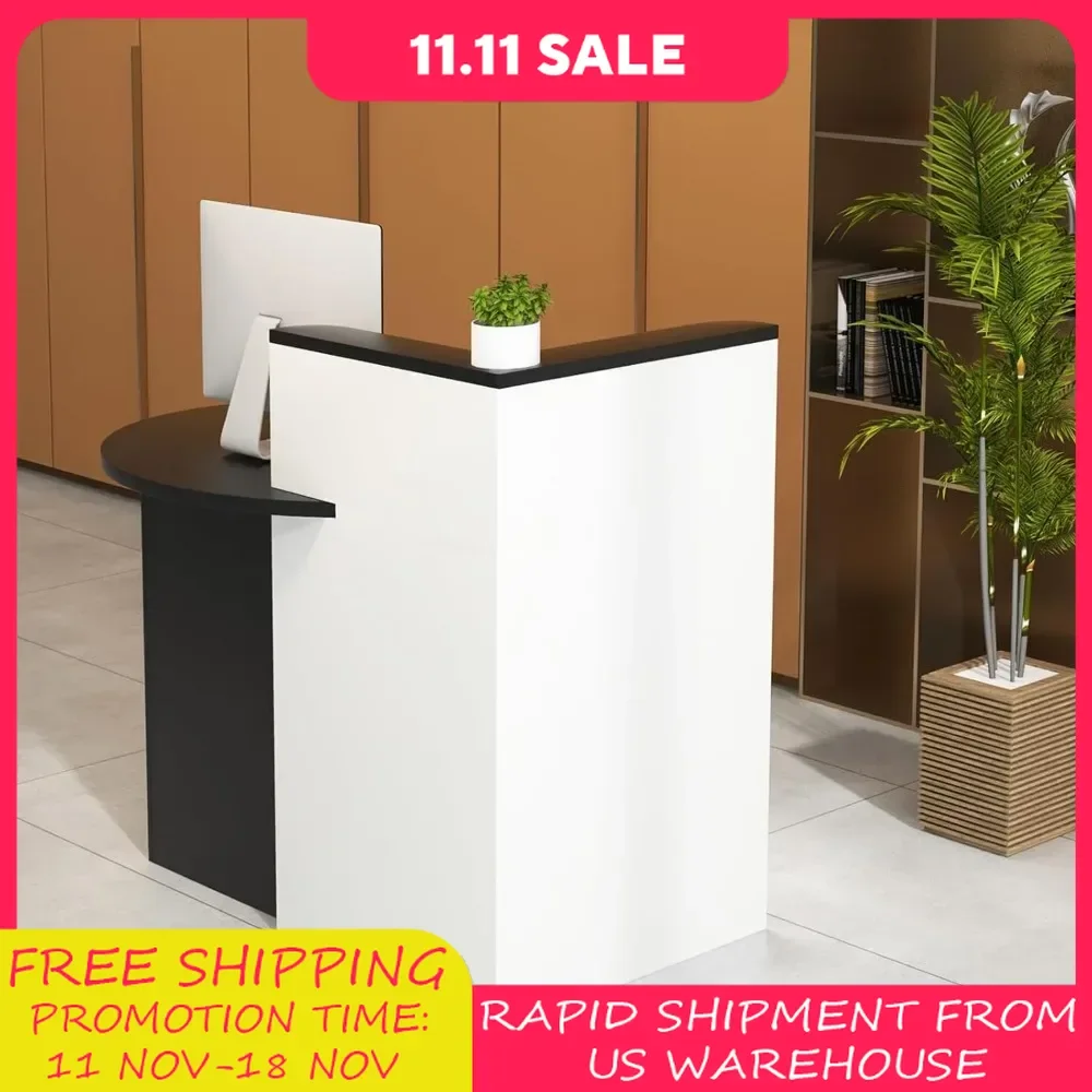 Reception Desk, Front Counter Desk with Lockable Drawer & Adjustable Shelf, Oval Desktop, Retail Counter for Checkout