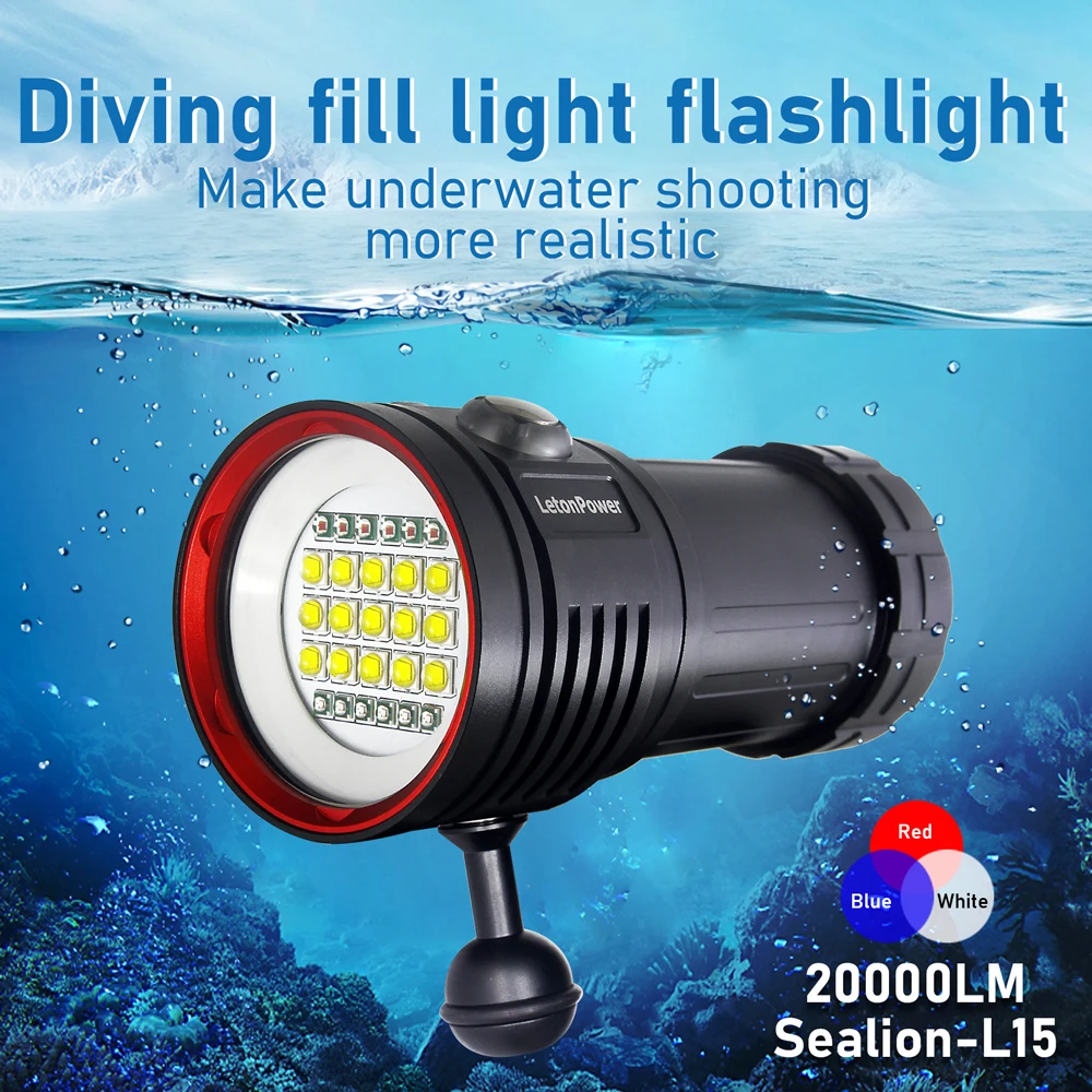 

LetonPower Diving Flashlight 22800Lumens rechargeabl Underwater Lighting 100m Waterproof Torch For Photography Video Fill Light