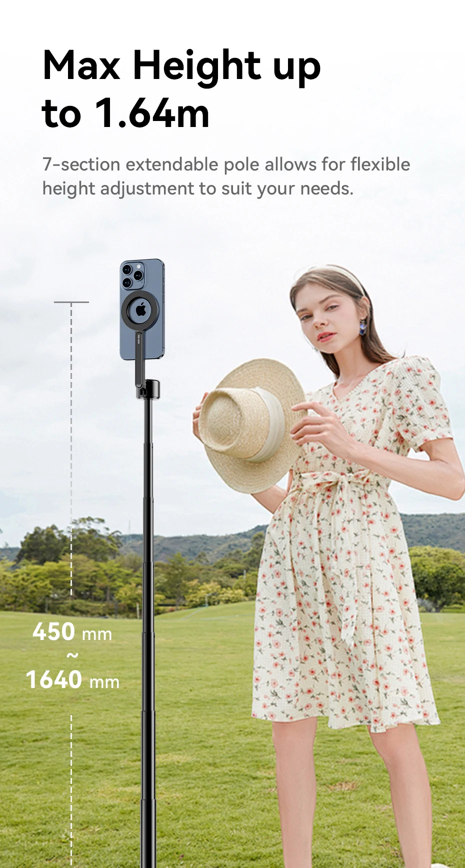 MG-002 Max Magnetic Phone Selfie Stick Tripod with Remote 1.64m Extendable Selfi