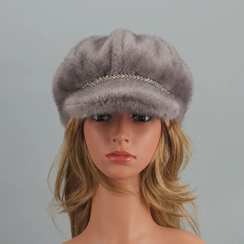 Women Beret Autumn Winter Faux Fur Hat Solid Plain Octagonal Newsboy Cap