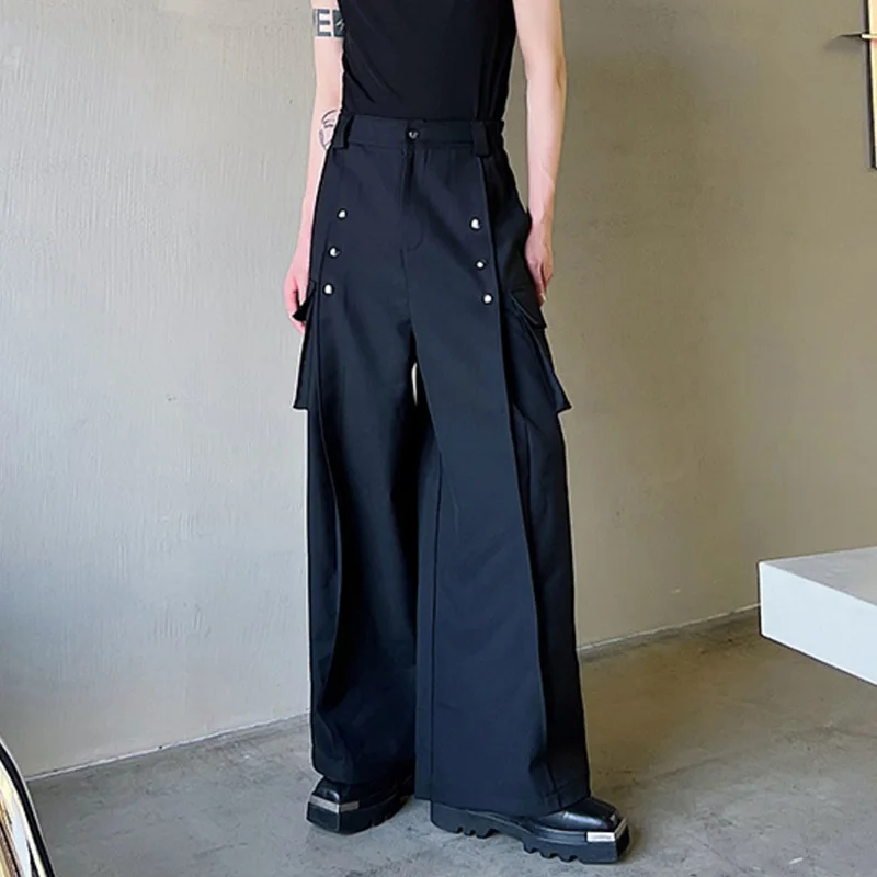 Wide Leg Pants Men Casual Korean Style High Waist Metal Piece Pocket Decoration