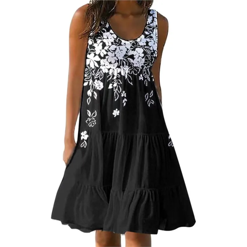 

Casual Loose Print Pleated Tank Top Mini Dress 2023 Women's Summer Vestidos De Mujer Beach Verano Jurk Vestiti Donna Robe Longue