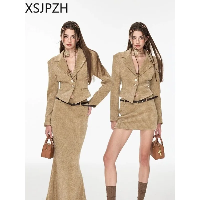 

Collar Long Sleeve Jacket Women's Spring Autumn High Waist Peplum Midi Skirt Short Skirt Korean 2 Piece Set Fashion Suit Blazer