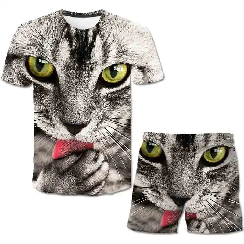 

2024 Cats New Summer Boys Girls Clothes Sets Cartoon Lovely Short Sleeve Tees And Shorts 2PCS Casual Round Neck Costume Outfits