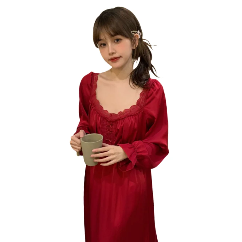 

Spring Thin Dress Palace Style Longuette Solid Color Nightgown Long Sleeved Pajamas Ice Silk Sleepwear Home Suit Women's Clothes