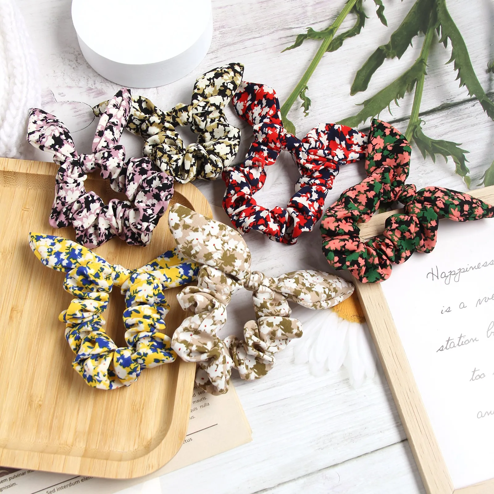 

Women Hair Ties Girls Bowknot Elastic Florals Print Knotted Headband Hair Bands Ponytail Holder Rabbit Ears Hair Accessories