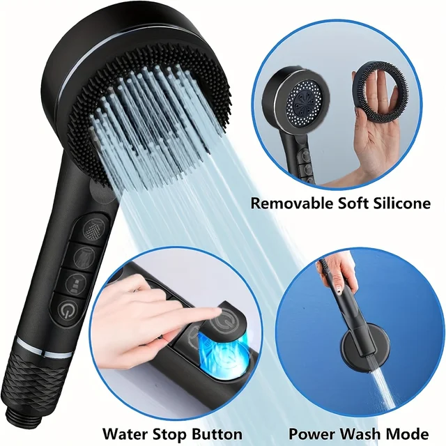 Pommeau de douche autonettoyant, 4 Modes, avec brosse en Silicone, arrêt à une touche, Massage de l'eau, pomme de douche ABS haute pression avec filtre 2