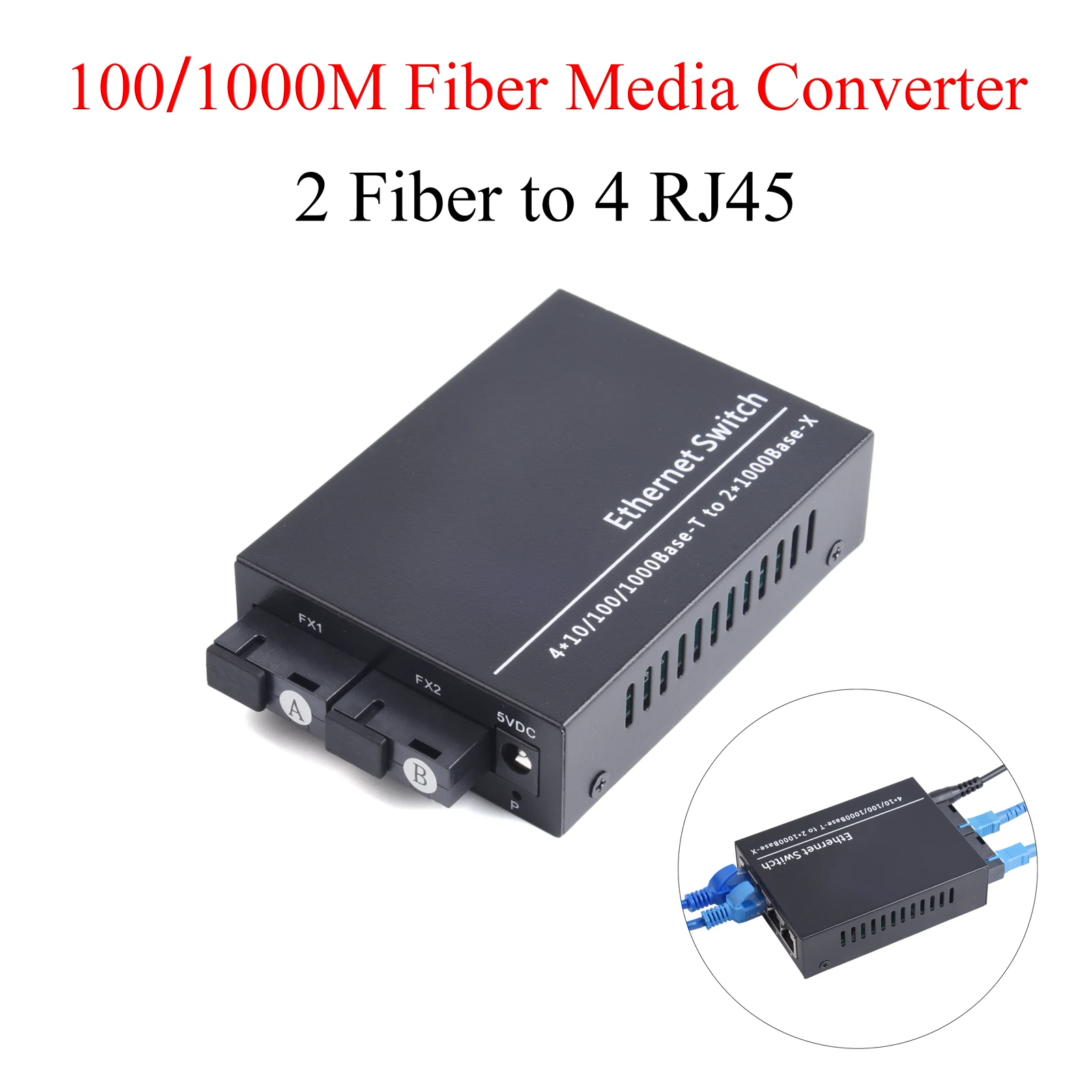 

1Pcs Gigabit Fiber Optical Media Converter Switch 10/100/1000M Single Mode 2 Fiber to 4 RJ45 UPC/APC SC-Port Transceiver Kit