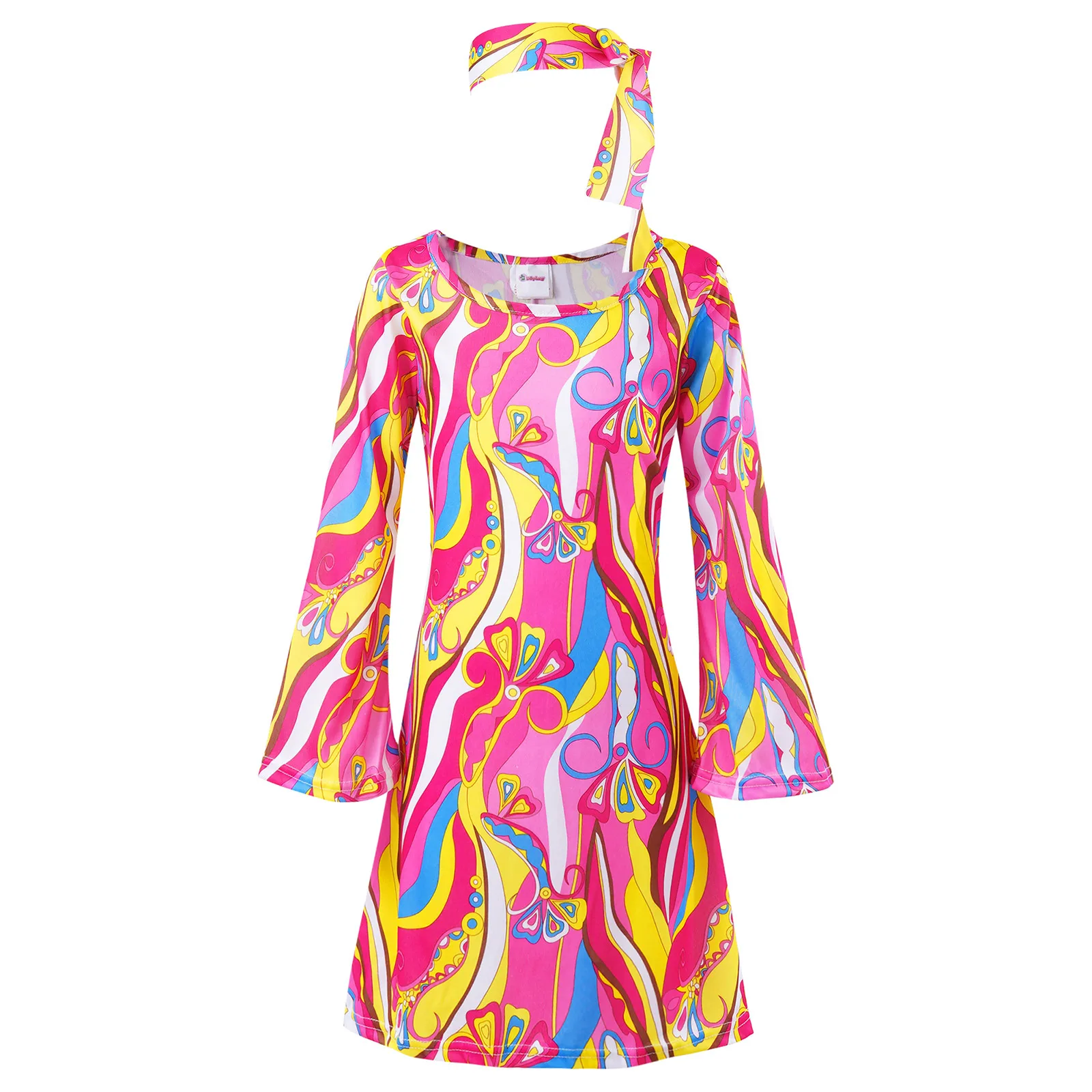 

Kids Girls cosplay costume Long Sleeve Vintage Shiny Pattern Print Dress with Headband And Waistbelt Hip-hop Disco Girls Costume