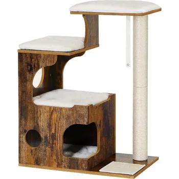 33.9-Inch Cat Tower, Medium Cat Tree with 3 Beds and Cave, Cat Condo Made of MDF with Wood Veneer, Sisal Post and Washable 1
