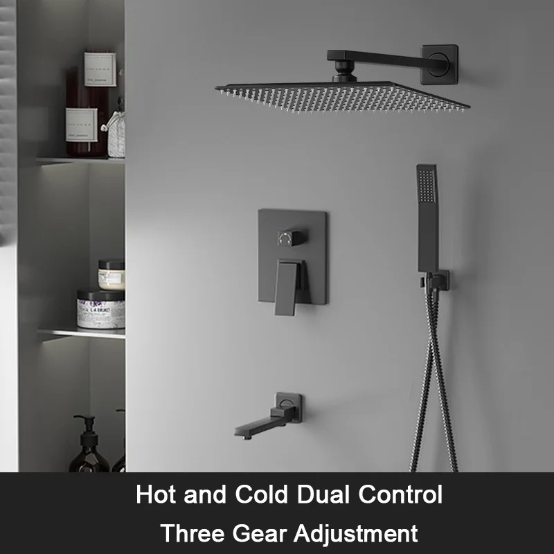 Black Bathroom Concealed Shower Set Modern Hot and Cold Embedde Wall-Mounted Shower System Home Rainfall Bathroom Shower Faucet