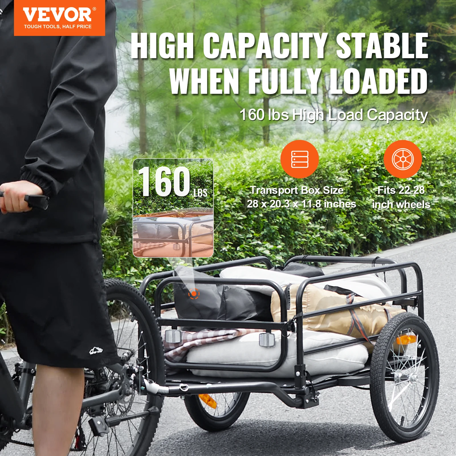 VEVOR 160 lbs Bike Cargo Trailer Foldable Storage Bicycle Wagon Cart with 16" Wheels Safe Reflectors Fits 22"-28" Bike Wheels 2