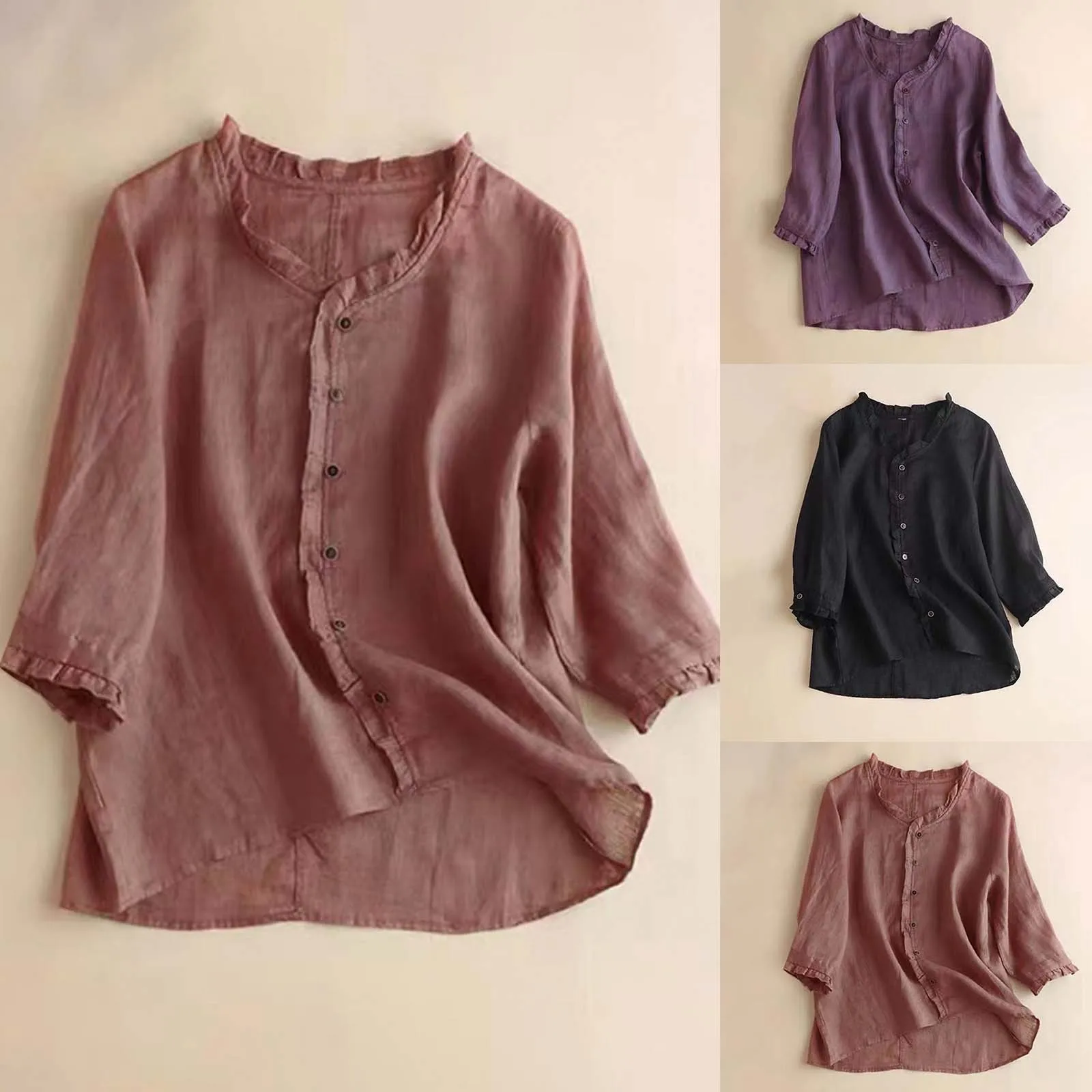 

Women Summer Round Neck Button Cotton And Dandelion Print Short Sleeve Blusas Ethnic Chemise Femme Blusas Party OL Women Tops