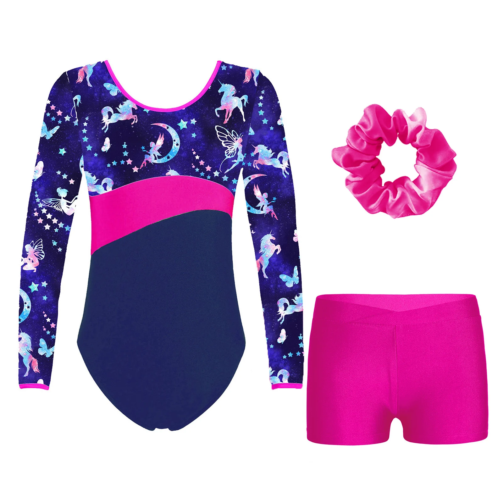 TiaoBug Kids Girls Gymnastics Dance Outfit Set Long Sleeve Printed Leotard with Waistband Shorts and Hair Tie for Performance