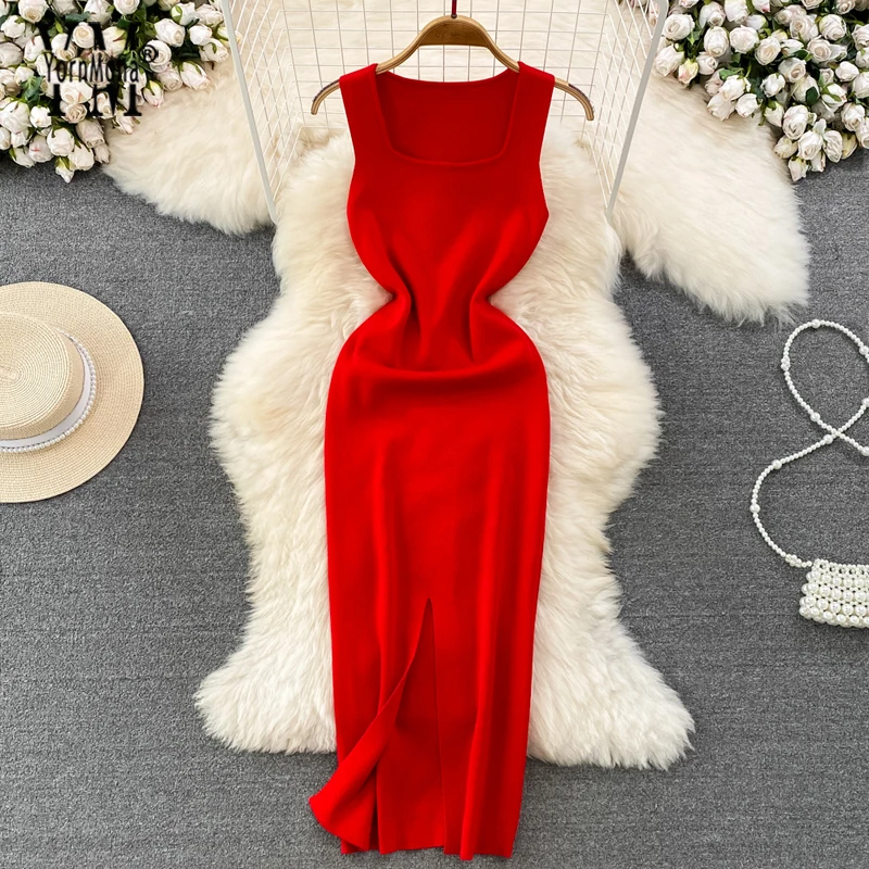 

YornMona Summer Sexy Package Hips Split Women Bodycon Dress Lady Elegant Knitted Tank Dress Vacation Party Vestidos