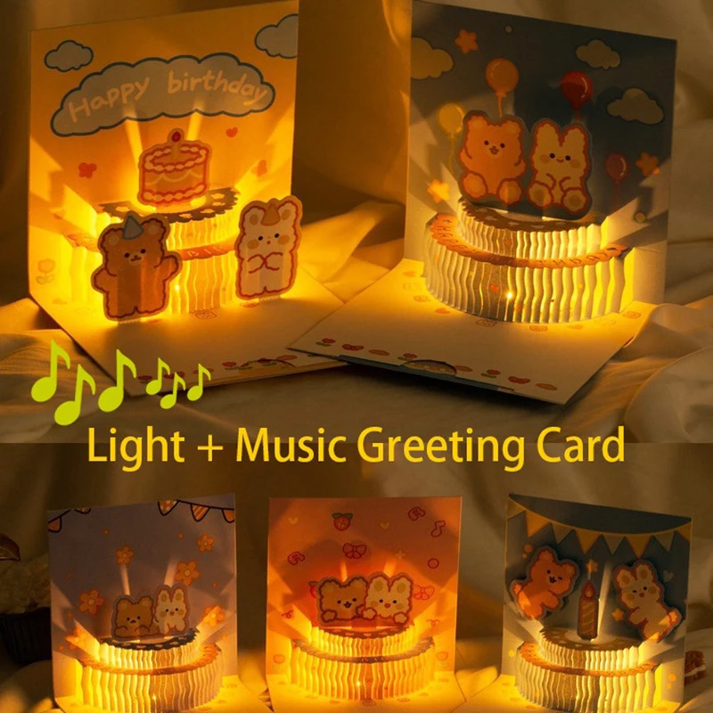 Light Music 3D Greeting Card Pop Up Cartoon Bear Cake Greeting Card Party Gifts Surprise Blessing Envelope Happy Birthday greeting cards
