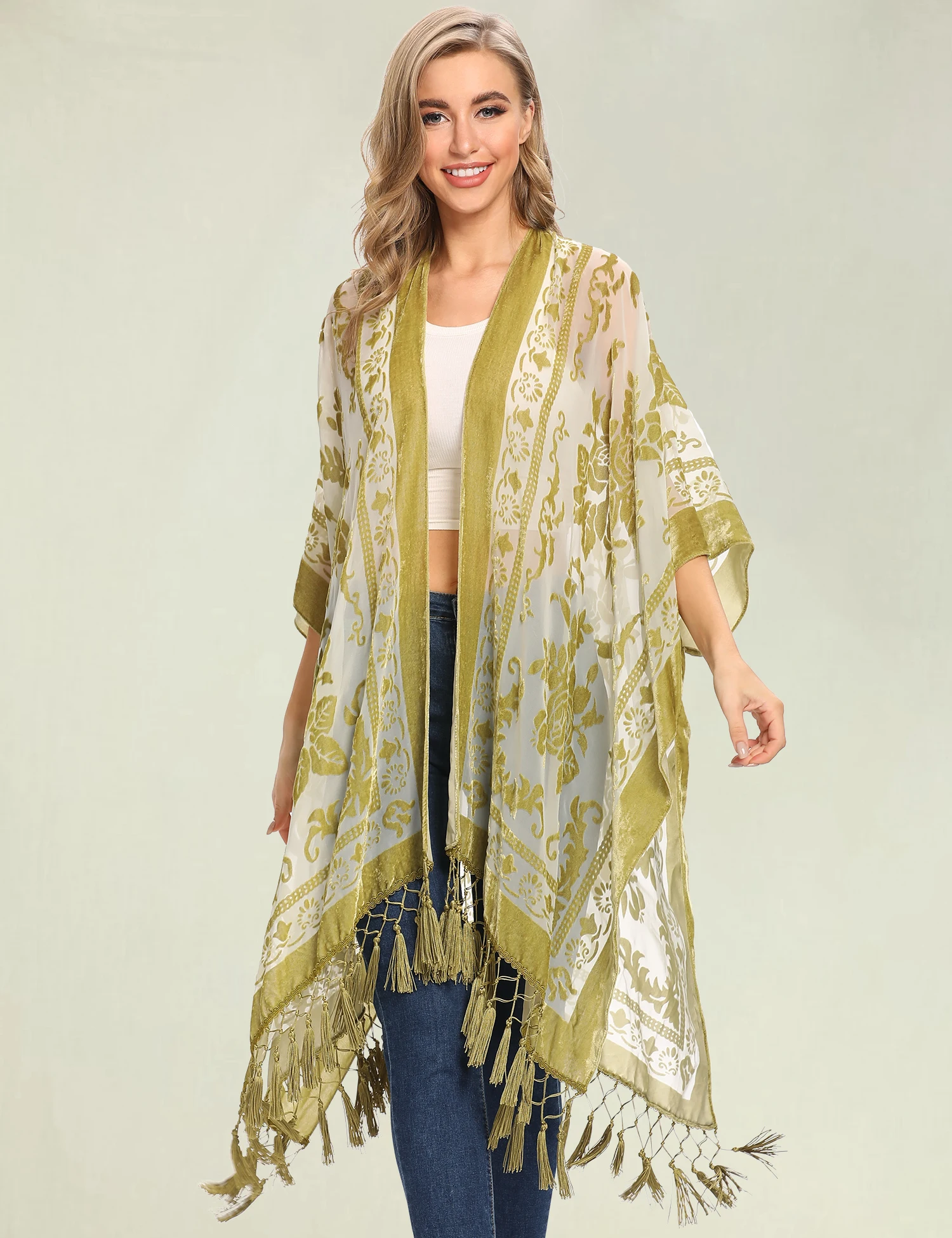 Wehello-velvet kimono for women, bohemian long cardigan with tassel, beach cover-up, chiffon shawl 3