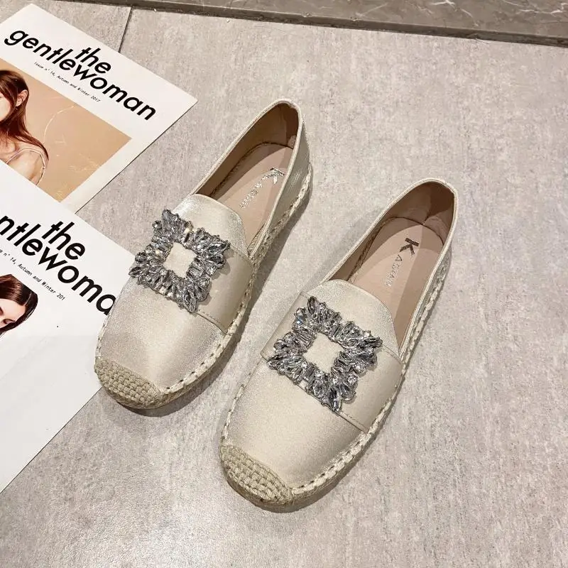 Luxury Silk Espadrille Moccasins Woman Big Square Crystal Buckle  Flat Shoes Ladies Brand Design Elegant Slip-on Fishman Shoes 5