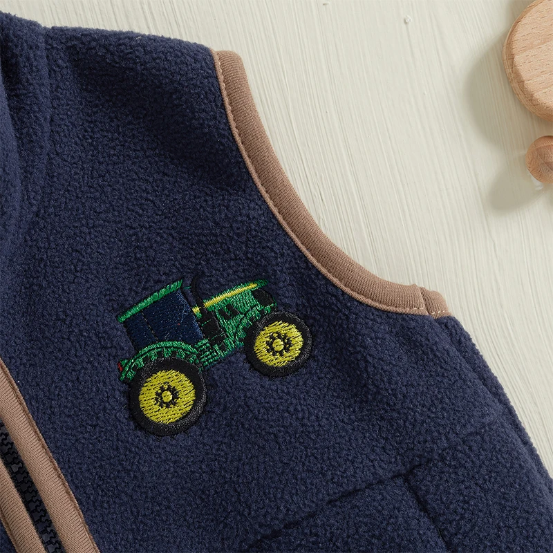 Children Vest 0-4Y Toddler Kids Boys Autumn Sleeveless Stand Collar Zip Up Tractor Embroidery Fleece Vest Jacket