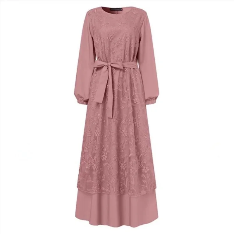 Islam Abaya Dress Round Neck Lace Abayas for Women Long Sleeve Waist Loose Long Ladies Dress