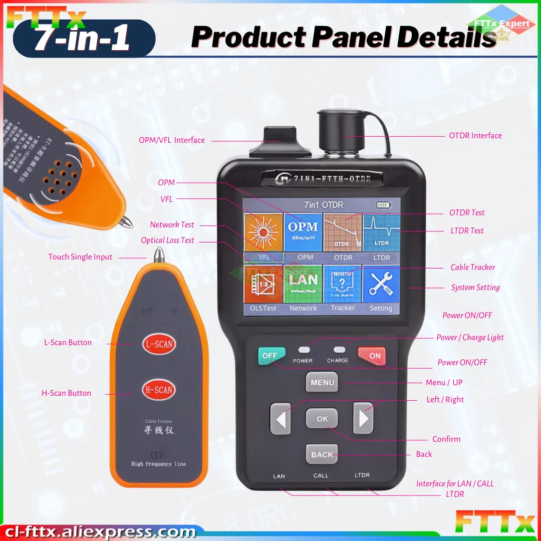 

7-IN-1 Mini Pro OTDR Fiber Optic Reflectometer 7 Functions VFL OLS OPM Event Map 60KM Fiber Cable Ethernet Tester Free Shipping