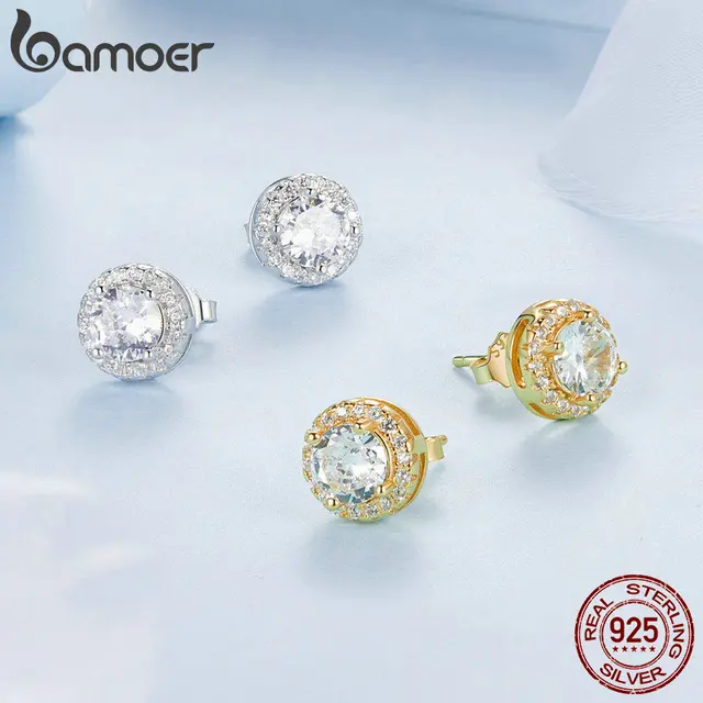 BAMOER Gold Plated Classic Halo Stud Earrings, 925 Sterling Silver Hypoallergenic Elegant Earrings Engagement Wedding Jewelry 3