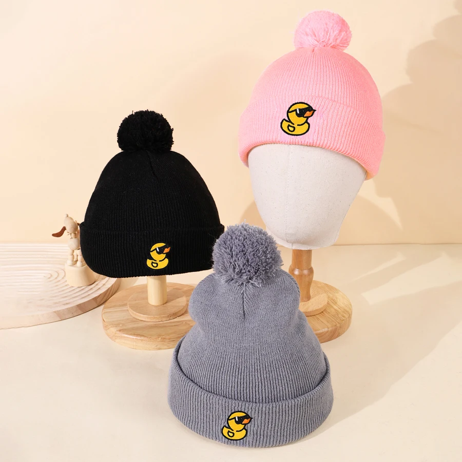 1pc Kids' Beanie Hats with Pom-Pom and Embroidered Cute Duck-Stretch Fit Knit Caps for Boys, Suitable for Outdoor
