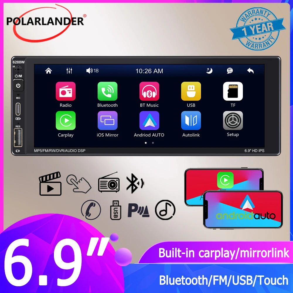 

Car Stereo Type-C Charging FM/AM/RDS 1Din 6.9" Multimedia MP5 Player Wireless Carplay Android Auto Mirrorlink Bluetooth AI Voice