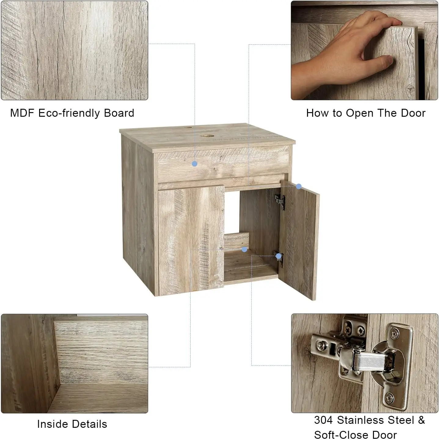 24" Bathroom Vanity Sink Combo Wall Mounted Natural Cabinet Vanity Set Brown Round Tempered Glass Vessel Sink Top, W/ORB Faucet 4