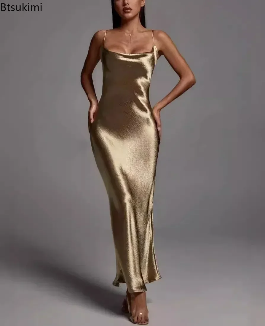 Abito maxi oro metallizzato Abito elegante da donna senza schienale in raso Abito estivo con cinturino per spaghetti senza maniche Night Club Party Abito lungo Vestido - immagine 4