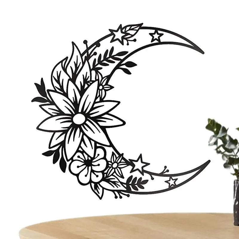 Moon Wall Decor Black Floral Home Metal Boho Wall Decor Half Moon Flower Sculpture Hung Wall Decor Metal Wall Hung Moon Decor