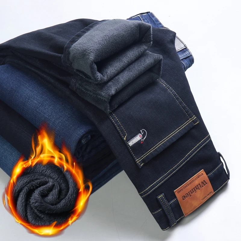 Winter Jeans Men's Fleece-lined Warm Business Men's Classic Loose Casual Elastic Straight All-Matching Thickened Pants 4