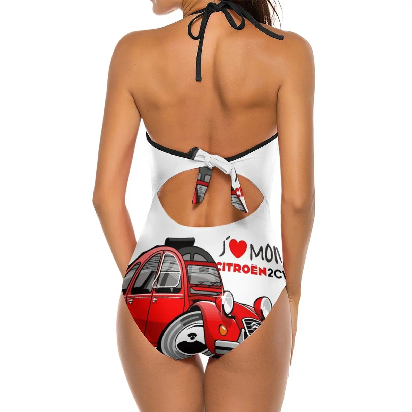 Citro&euml;n 2Cv Caricature Red Deep V-Neck Halter One-Piece Swimsuit Ladies Monokini Beach Bathing Suits Swimwear 2Cv 2 Cv Deux