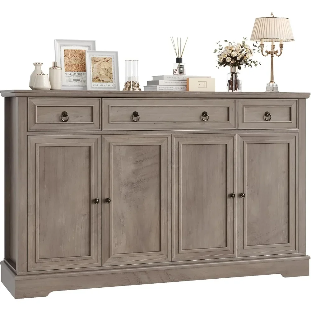Buffet Cabinet with Storage, 55.1" Large Sideboard Buffet Cabinet, White Kitchen Cabinet with 3 Drawers and 4 Doors