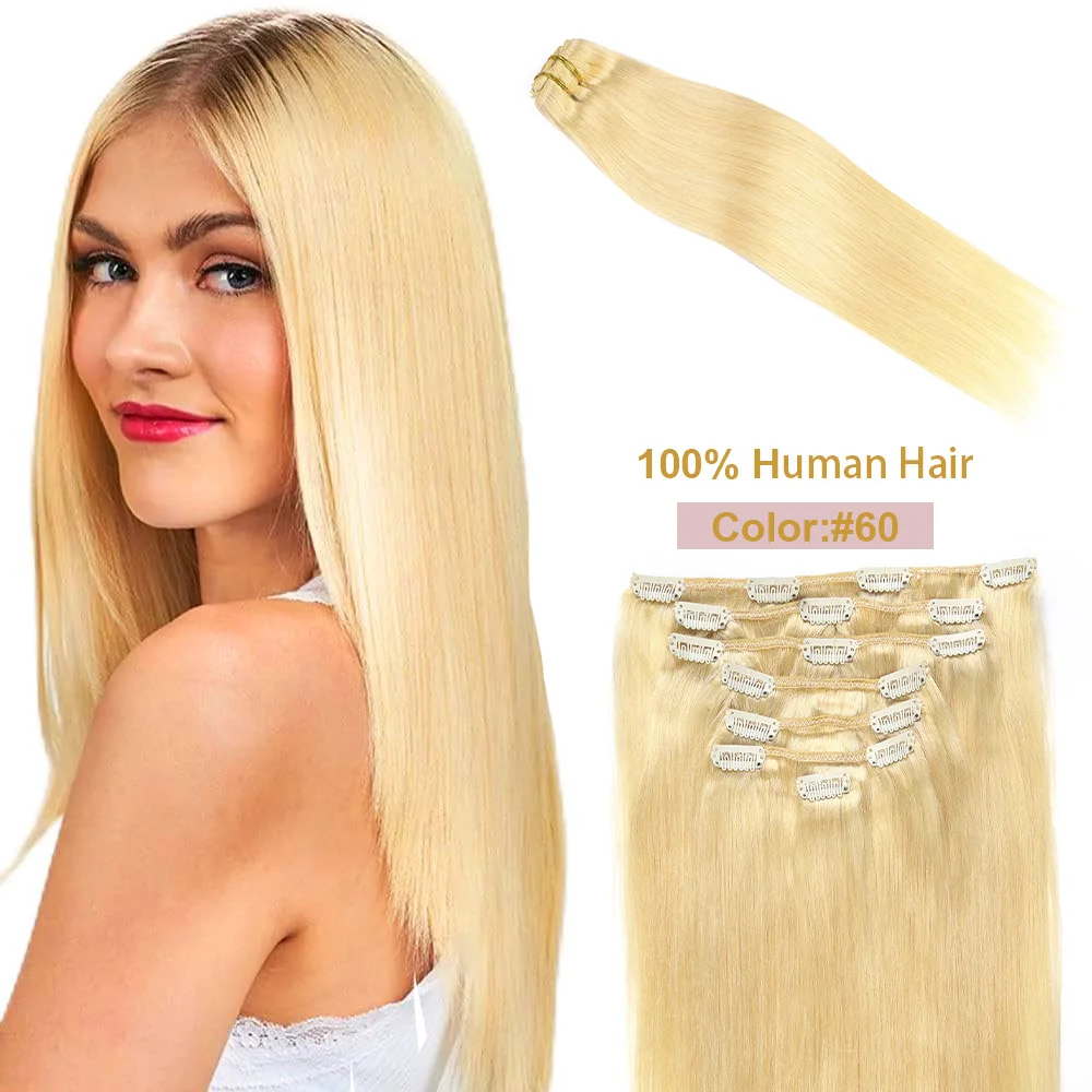 Cynosure Highlight Clip In Hair Extensions 100% Human Hair Seamless Invisible Bleach Blonde Clip On Hair #60 7PCS/Set 18-24 Inch